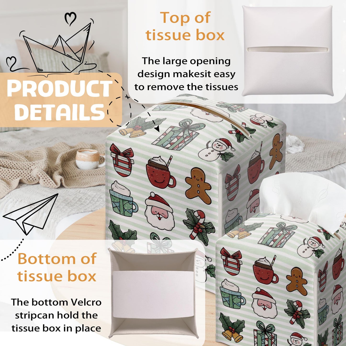 Merry Christmas Tissue Box Holder, Cute Santa Bow Leather Tissue Box Cover Square, Paper Facial Decorative Tissues Cover for Night Stands Bathroom Kitchen Office Home Decor-B30