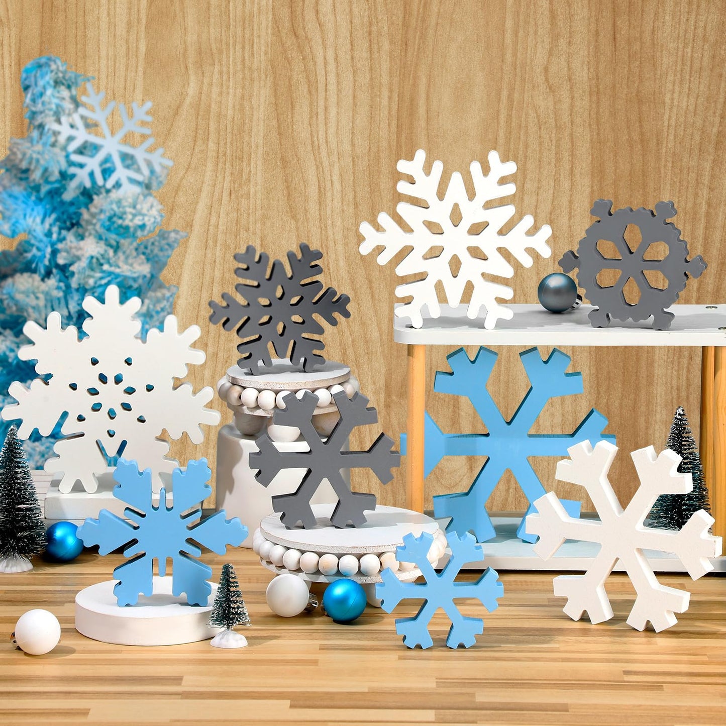 Kajaia 9 Pcs Winter Wooden Snowflake Decor Winter Wood Snowflake Block White Gray Blue Snowflakes Decorations Table Decor Christmas Standing Sign for Xmas Fireplace Mantel Home