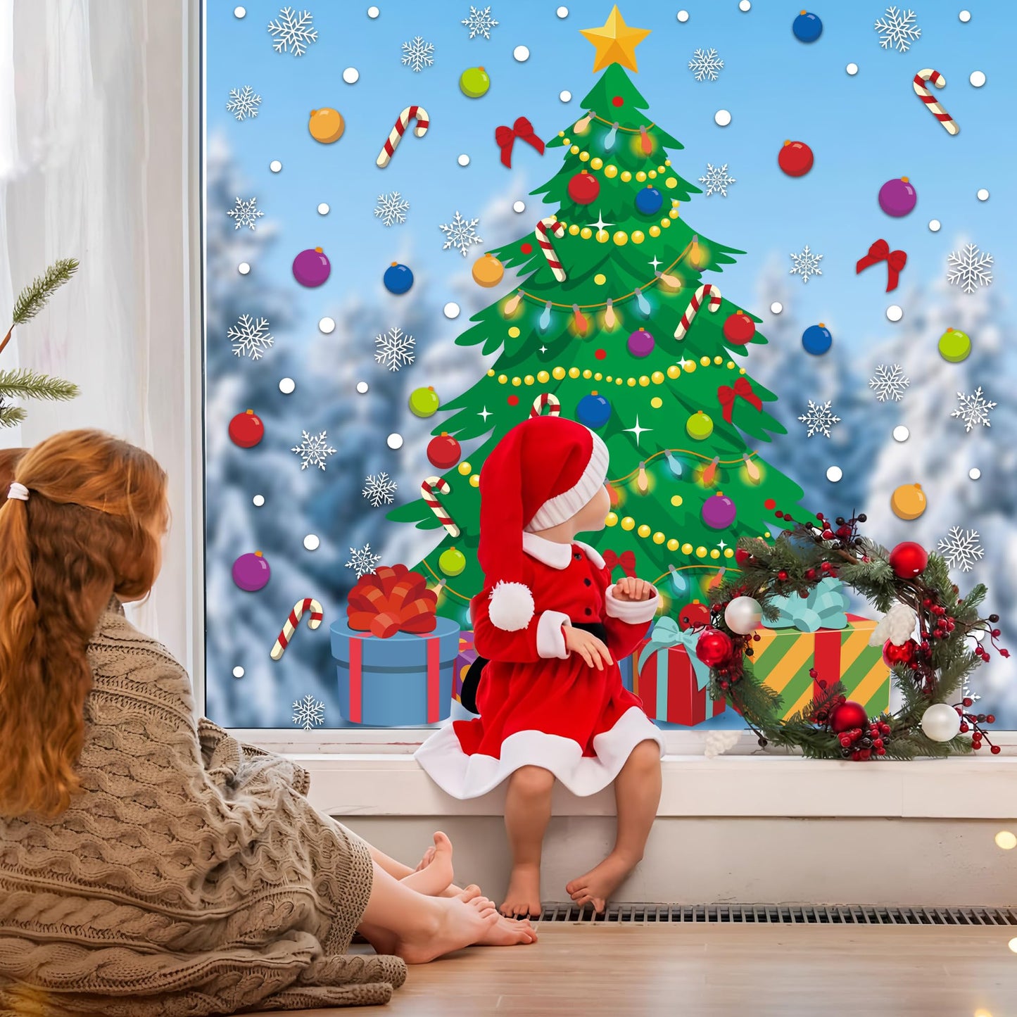 2 Sheet Christmas Tree Window Clings Extra Large Xmas Tree Snowflake Window Decals Stickers Reusable Double-Sided Christmas Windows Decorations for Xmas Winter Holiday Party Home Office Glass Decor