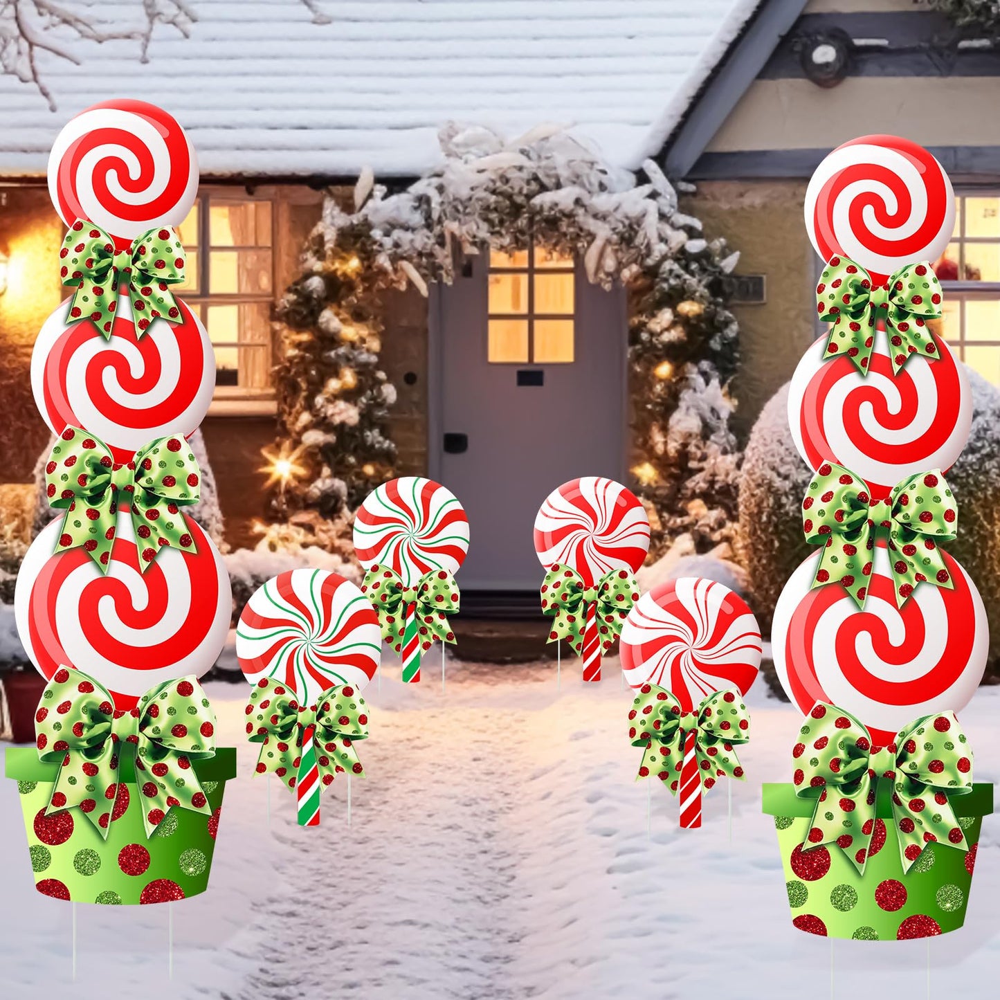 Meonum 4 Pcs Peppermint Candy Christmas Decorations Outdoor Large Christmas Yard Stakes Lime Green and Red Xmas Candy Garden Lawn Signs with Stakes and Bow for Home Pathway Walkway Party Decor(Green)