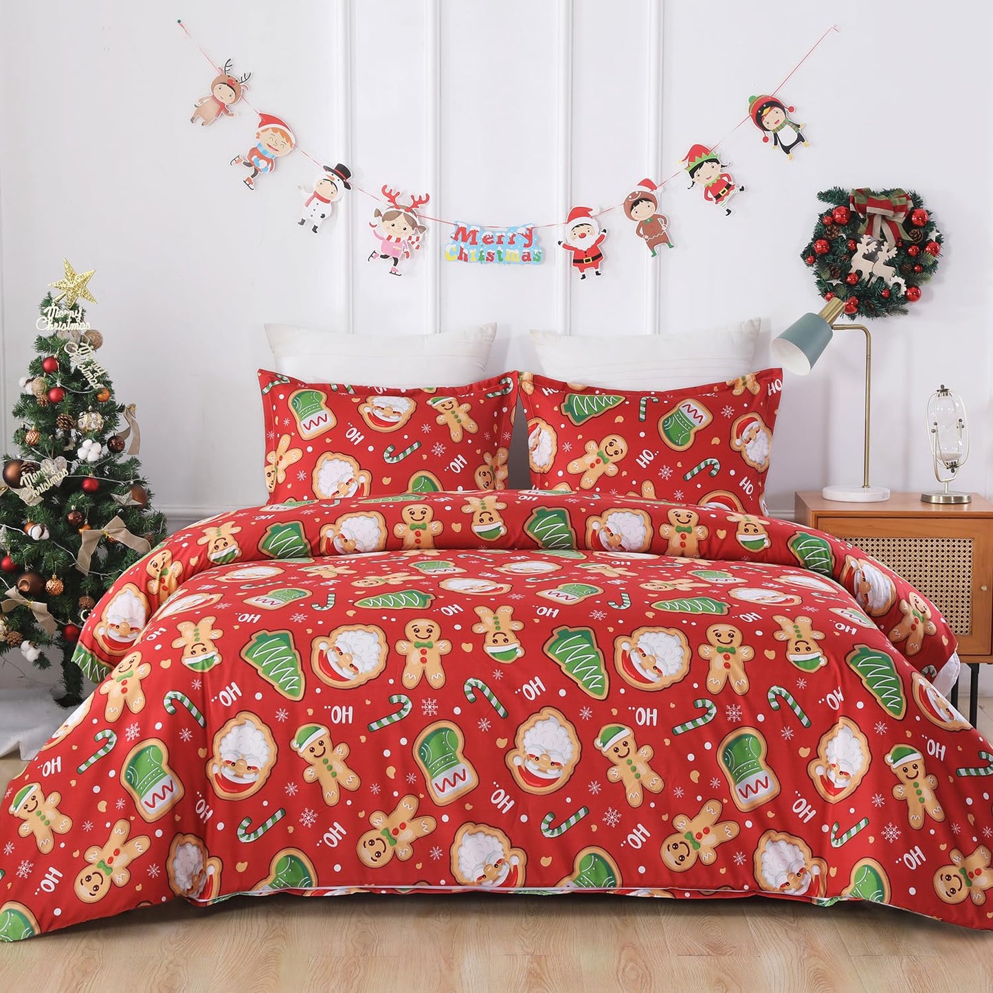 Vaulia Christmas Duvet Cover Twin, Holiday Soft Lightweight Microfiber Bedding Collection with Gingerbread Pattern, Includes 1 Duvet Cover and 1 Pillow Shams, Red Color