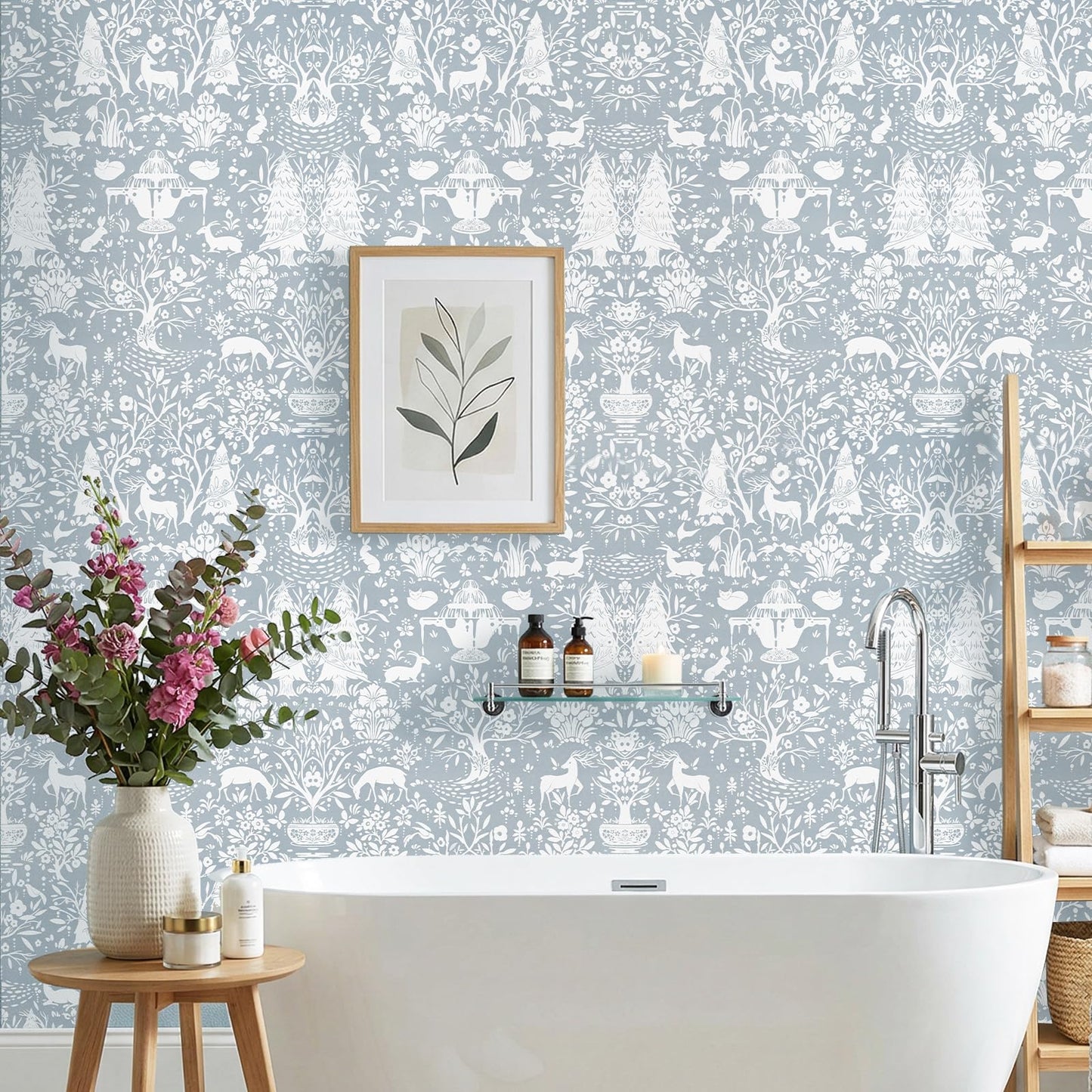 WENMER Forest Animal Wallpaper, 17.7" x 590" Blue and White Contact Paper, Woodland Peel and Stick Wallpaper with Deer Rabbit Fox, Self Adhesive Removable Wall Paper for Living Room Bedroom Nursery