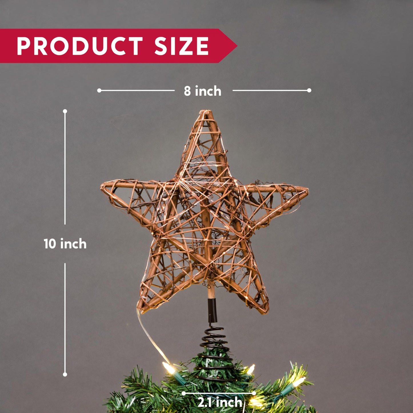 Joiedomi 8 Inch Christmas Tree Toppers, 30 LED Rustic Rattan Star Lighted for Xmas Decorations, Holiday Party Indoor Decor