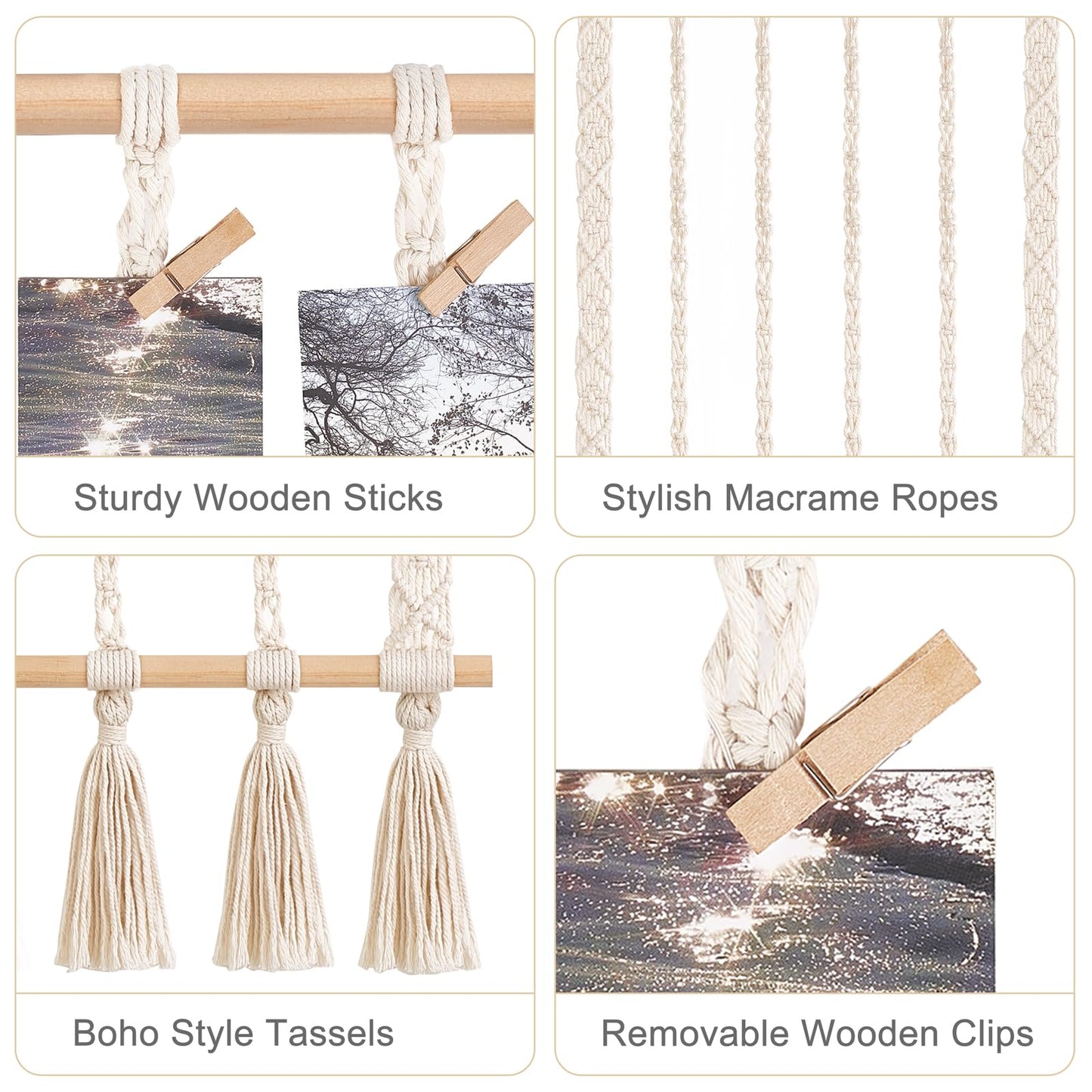 Dahey Macrame Hanging Photo Display Dorm Wall Decor Boho Picture Frames Collage for Picture String with Clips Photo Hanger with Lights Artwork for Teen Girl College Living Room Bedroom Christmas Gift