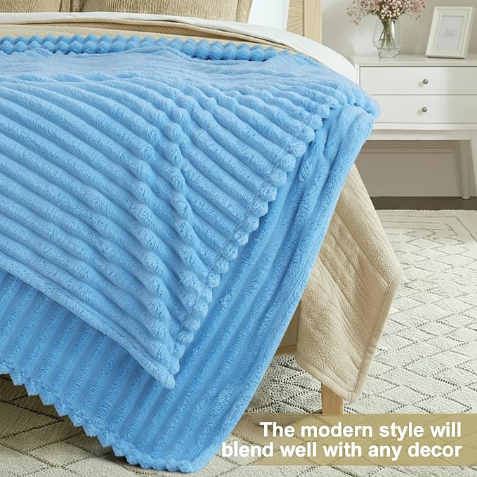 decorUhome Soft Fleece Blue Twin Blanket for Bed, Cozy Fluffy Plush Flannel Striped Throws for Couch Sofa, Lightweight Decorative Ribbed Fuzzy Blanket for Woman, 60x80 Inches