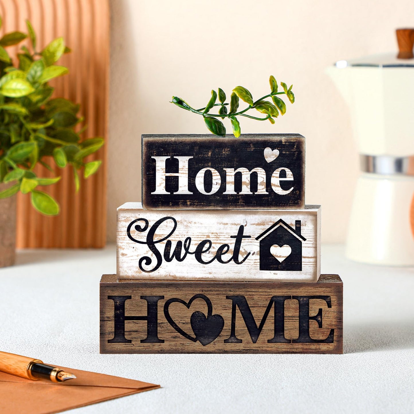 Moucuny 4 Pcs Farmhouse Wooden Tabletop Decor Farmhouse Tiered Tray Decor Rustic Eucalyptus Leaves Wood Block Sign Gift Sweet Home Centerpiece Home Table Decortion