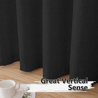 Tollpiz Short Linen Tier Curtains Rod Pocket Semi Sheer Half Kitchen Curtain Burlap Light Filtering Thick Linen Drapes for Bathroom, 30 x 24 inches Long, Black, Set of 2 Panels