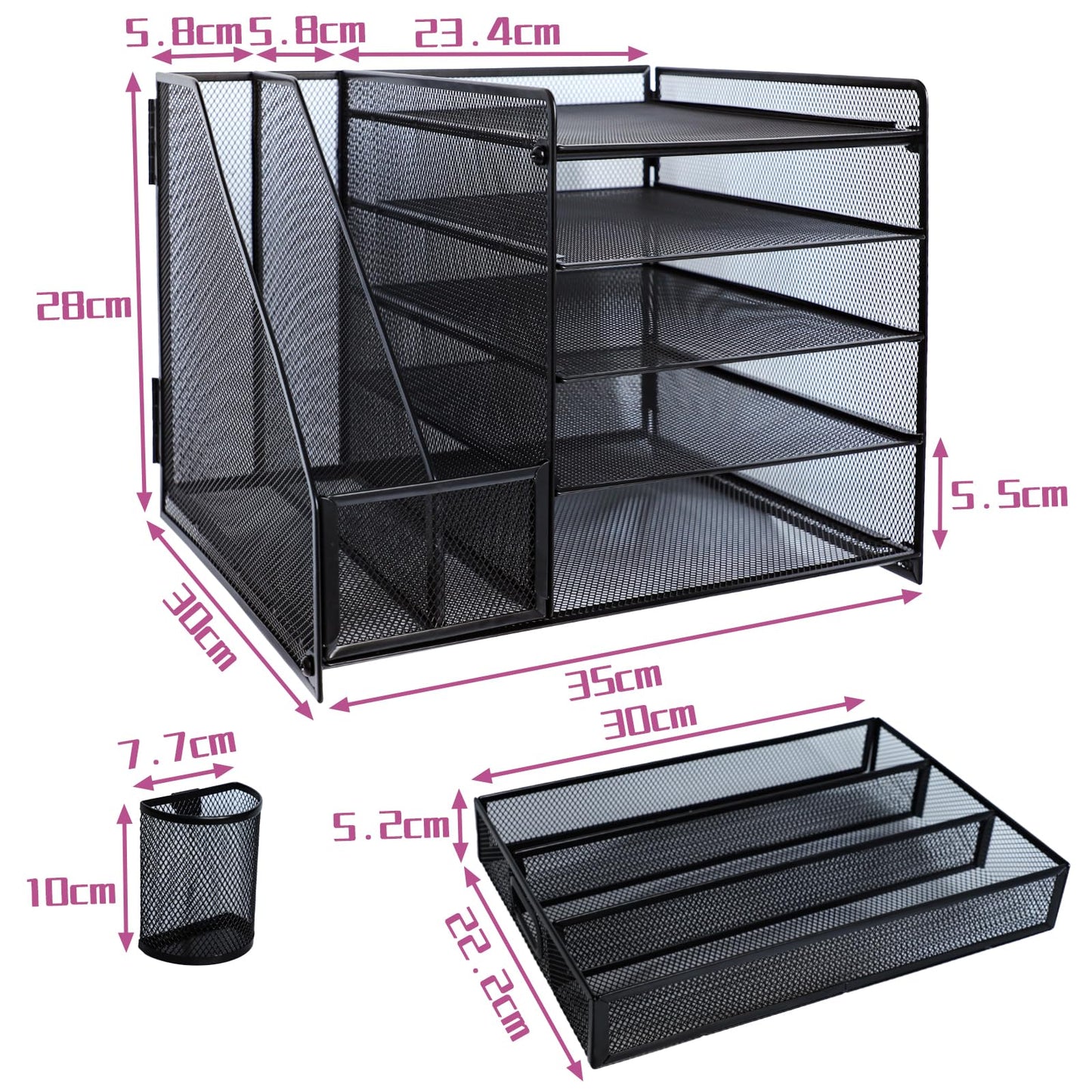 ideallife Desk Organizers and Accessories with File Holder, 5-Tier Paper Letter Tray Organiser with Drawer and 2 Pen Holder, Mesh Desktop Document Organizer for Office Supplies, Workspace - Black