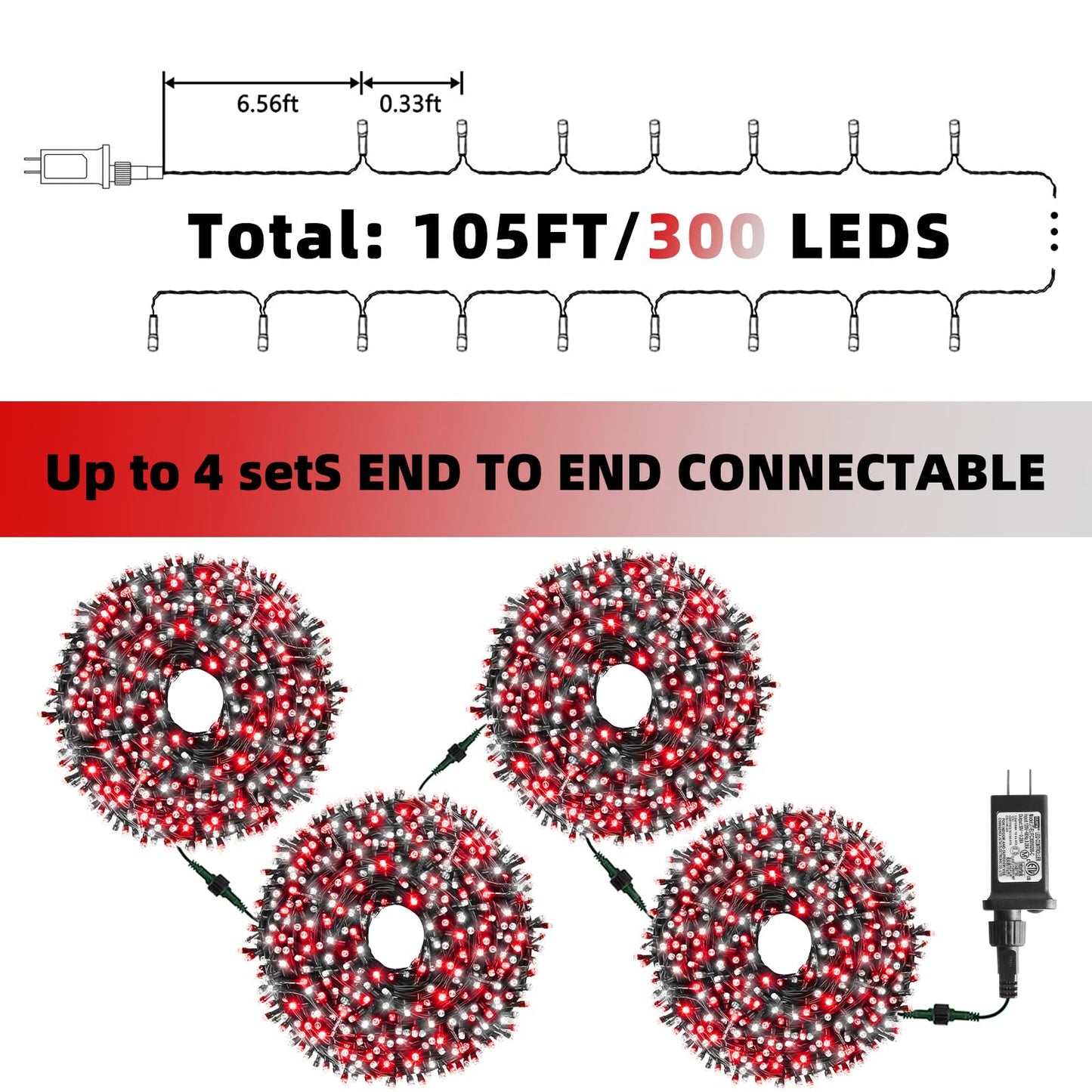 XTF2015 Christmas String Lights, 105ft 300 LED Christmas Lights 8 Modes Memory Function & Timer- UL Certified - Outdoor Indoor Christma s Fairy Lights for Tree, Garden, Party, Wedding(Red + White)