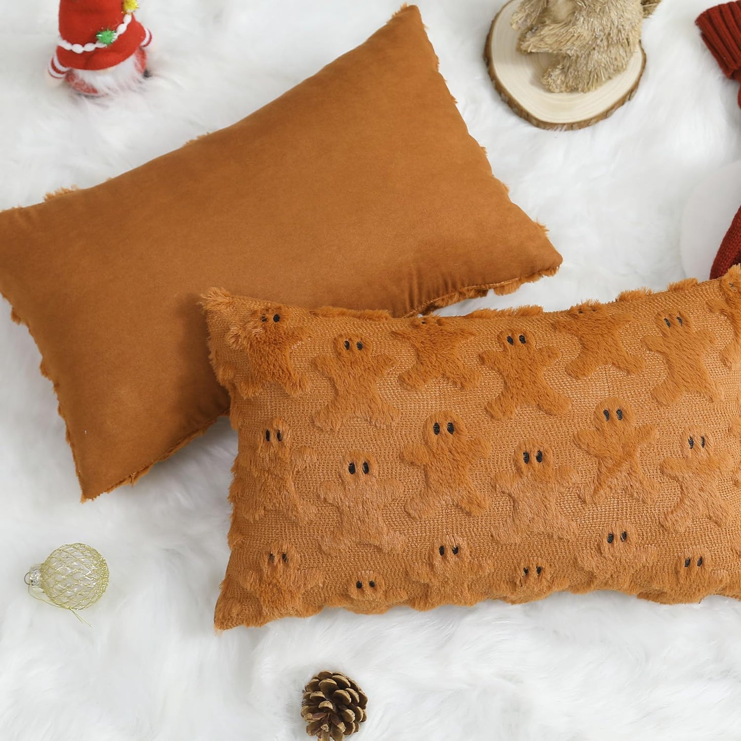 Allorry Christmas Throw Pillow Covers 12x20 Set of 2 Rust Gingerbread Decor Throw Pillow Cases Soft Plush Faux Fur Cushion Case for Winter Xmas Home Bedroom Sofa Decors SY002-A20
