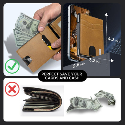 Wallet for Men - Pop Up Case, Cash Slot, and Credit Card Slot - Slim Aluminum Wallet with RFID Blocking, Minimalist Leather Wallet Front Pocket with ID Window (Browns)