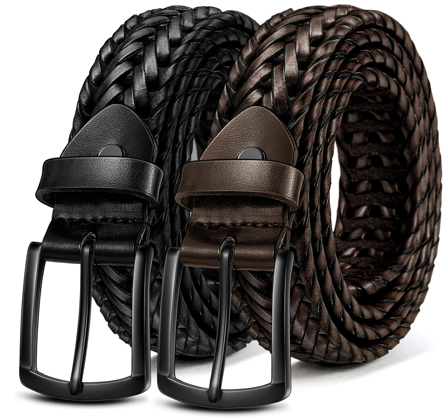 BULLIANT Men Belt 2Pack,Braided Woven Leather Belt For Men Golf Casual Jeans 1 3/8"(Black/Deep Brown,26"-30" Waist Adjustable)