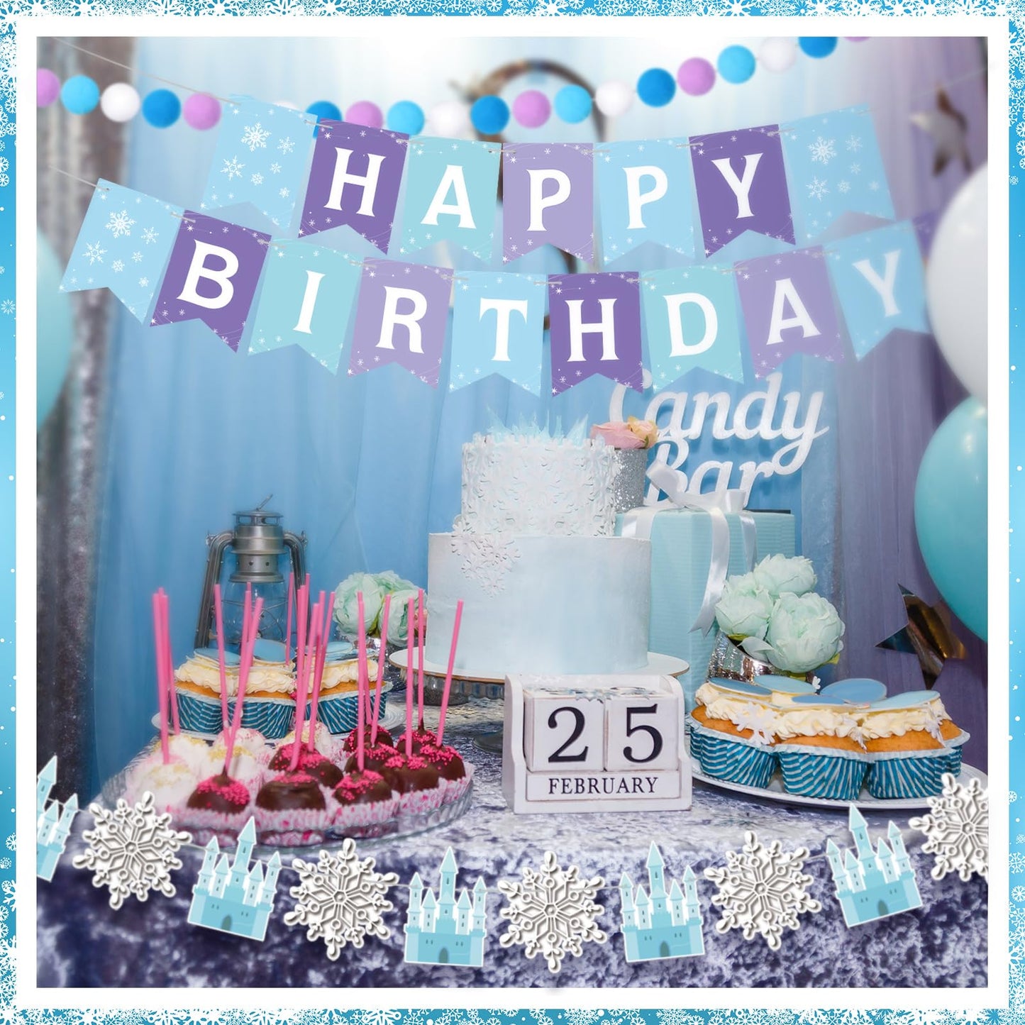 Fanfanwin 5 Pcs Snowflake Happy Birthday Banner Blue Snowflake Banner with Felt Castle Decorations Winter Holiday Party Decorations for Birthday Christmas
