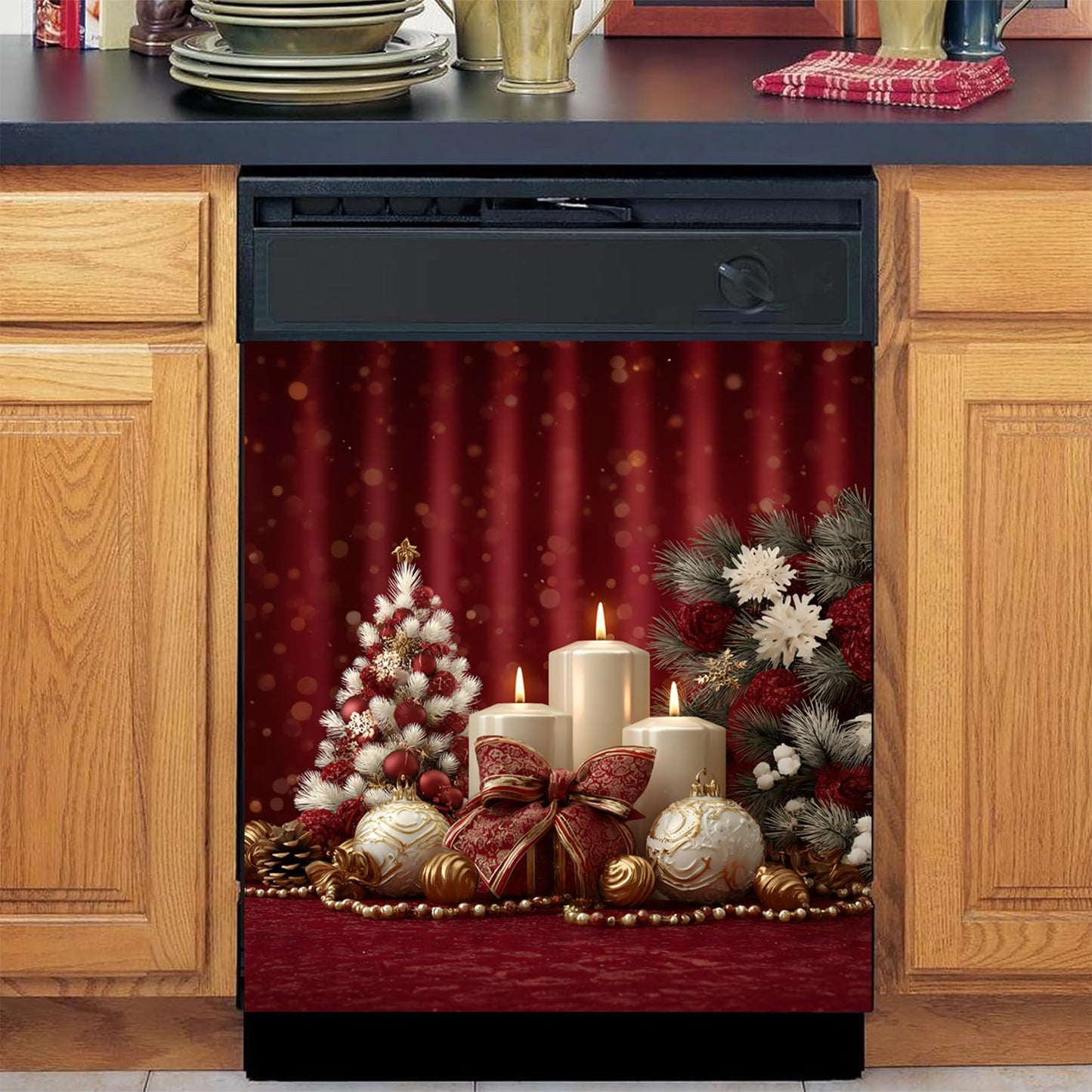 BVBOX Winter Dishwasher Magnet Cover 23"x26", Reusable Magnetic Refrigerator Covers, Dishwasher Magnets Decorative Cover Fridge Door Skin Panel Stickers (Candlelight Christmas)