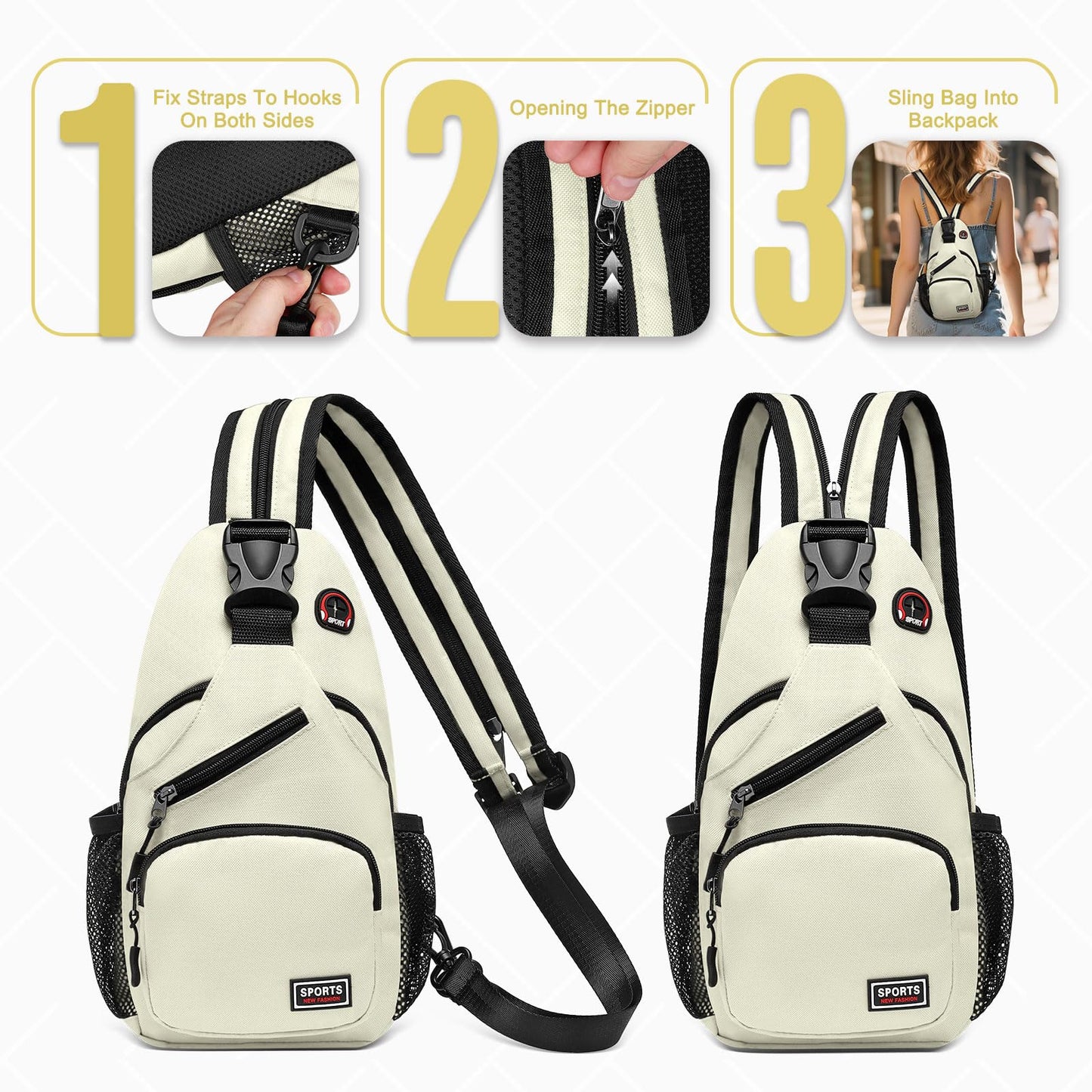 SUIKIHUM Convertible Sling Bag with Coin Pocket, 7.9" Tablet Crossbody Mini Backpack with Headphone Jack Casual Pack for Women Men Travel, White