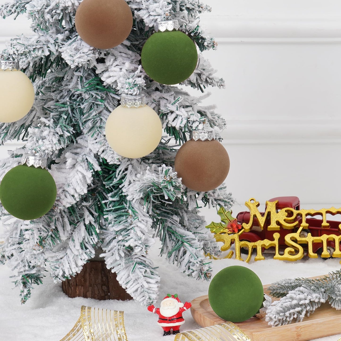 Waipfaru 15 Pcs(3.9 In/100 mm) Velvet Christmas Ornaments Balls Set, Brown Green Neutral Christmas Tree Ornaments, Flocked Xmas Tree Balls for Xmas Holiday Party Decorations