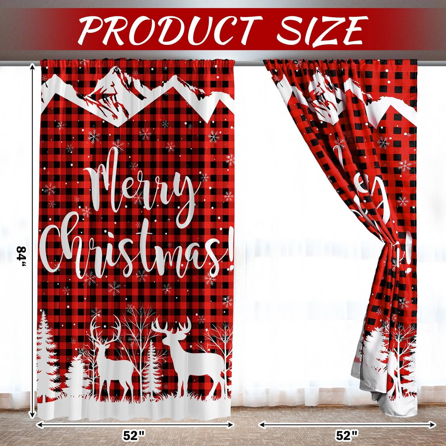 Fanfanwin Christmas Curtains 52" w x 84" l Black and Red Buffalo Christmas Tree Reindeer Window Curtain Farmhouse Xmas Window Drapes for Living Room Bathroom Home Decoration