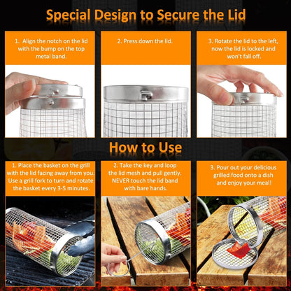 Rolling Grill Baskets (2PCS), Stainless Steel Grill Basket, Dishwasher Safe BBQ Grill Accessories Portable Grill Baskets for Outdoor Grill for Fish, Shrimp, Meat, Vegetables, Fries Outdoor Cooking Camping