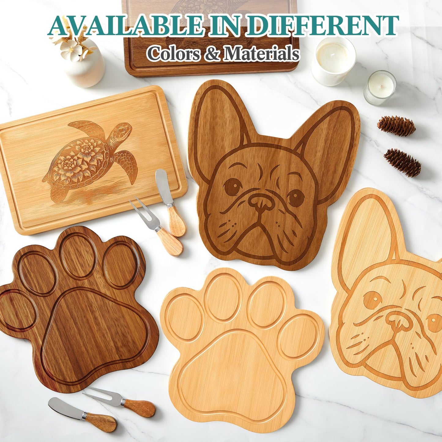 Ziliny French Bulldog Gifts for Women, French Bulldog Shaped Charcuterie Board Set Cutting Cheese Board Wooden Platter with Knives Forks Serving Trays Frenchie Gifts for Christmas Party