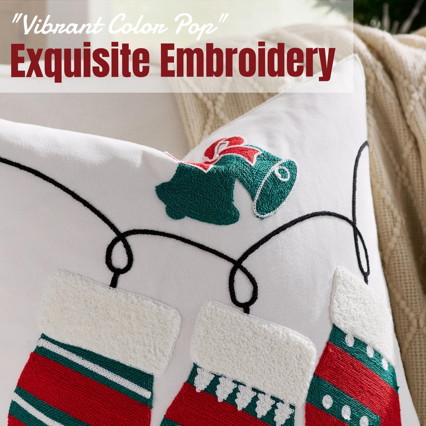 Farmhouse Christmas Pillow Covers 18x18 Set of 2, Xmas Embroidered Throw Cushion Cases with Festive Patterns for Rustic Home Holiday Decor (New Year White, 18" x 18" (Pack of 2))