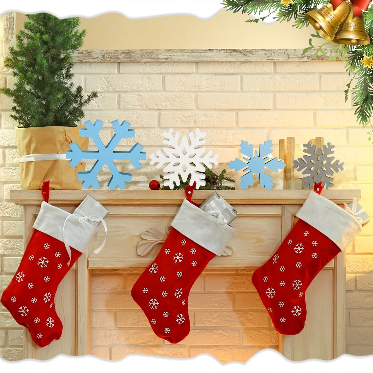Kajaia 9 Pcs Winter Wooden Snowflake Decor Winter Wood Snowflake Block White Gray Blue Snowflakes Decorations Table Decor Christmas Standing Sign for Xmas Fireplace Mantel Home