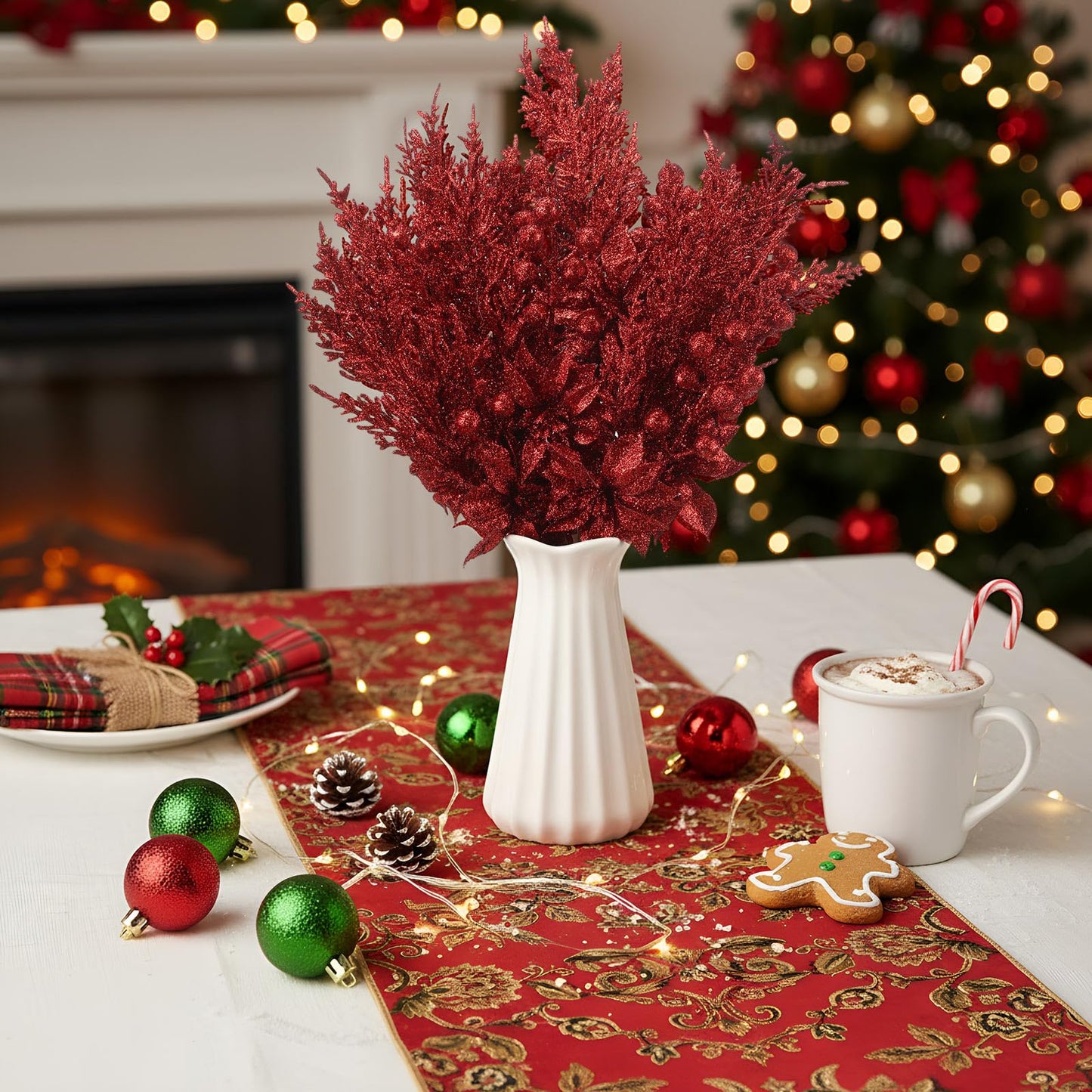 FineCheer 12 Pcs Glitter Christmas Picks Decoration Artificial Berry Branches Pine Needles Spray and Poinsettia Flowers Christmas Tree Ornaments for Xmas Decor Wreaths Wreath Vase Fillers(Burgundy)
