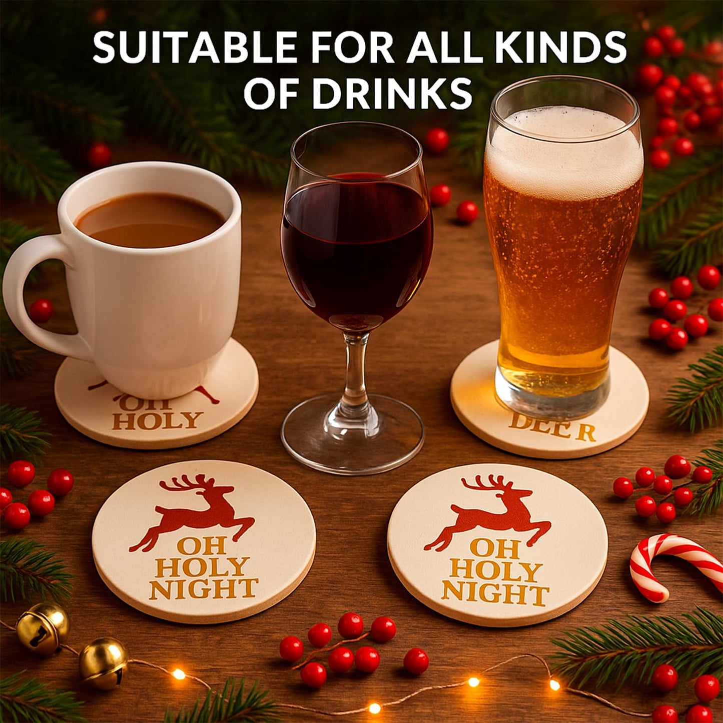 Christmas Ceramic Coasters Set of 4,“Oh Holy Night” Reindeer Absorbent Stone Drink Coasters with Non-Slip Cork Backing for Coffee Table, Holiday Party, Winter Home & Kitchen Decor