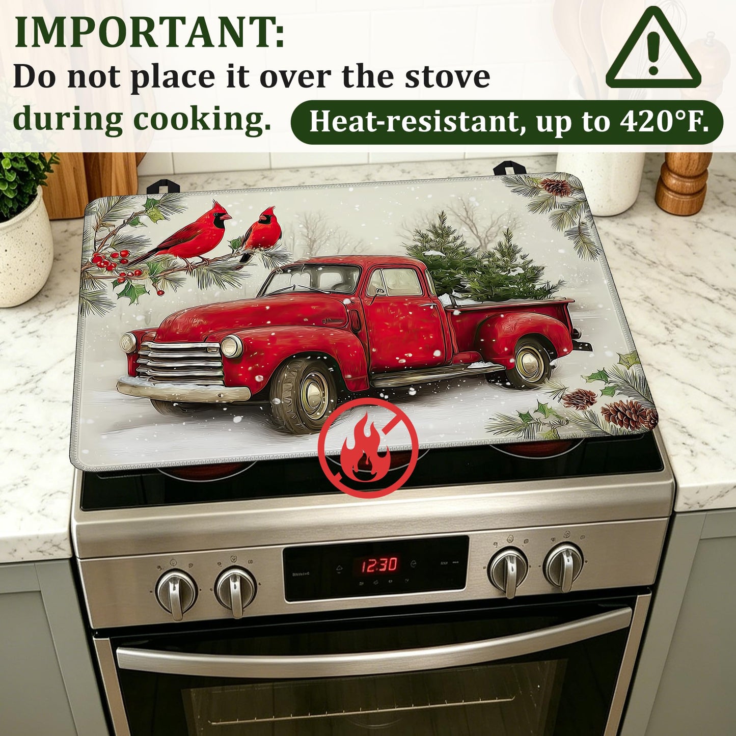 Red Truck Christmas Stove Top Cover for Electric Stove 28.5"x 20.5",Cardinal BirdHeat Resistant Glass Top Stove Cover Protector, Glass Cooktop Covers, Kitchen Flat Electric Stove Top Covers
