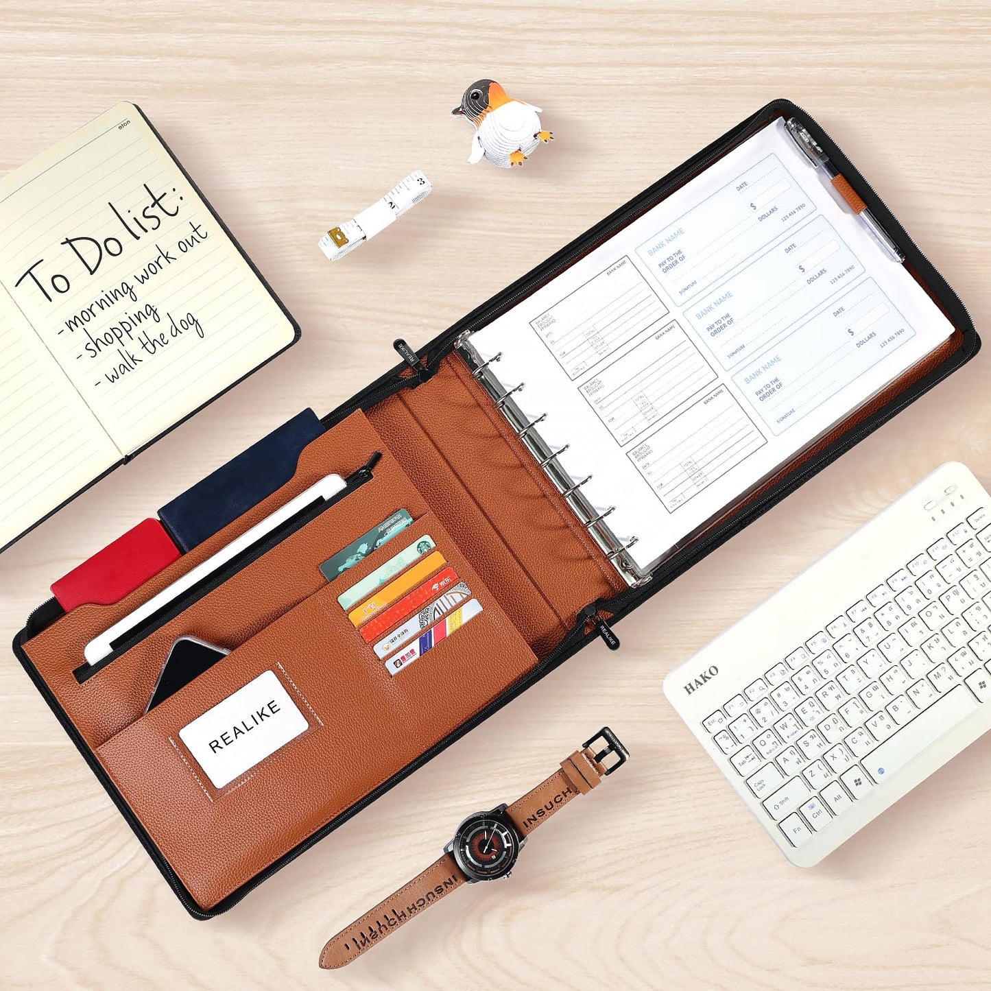 REALIKE Zippered Business Checkbook Binder for Business Checks, 7 Ring Check Binder for 9x13 Sheets,600 Checks Capacity, PU Leather Portfolio with Zipper Pouch & Storage Organizer