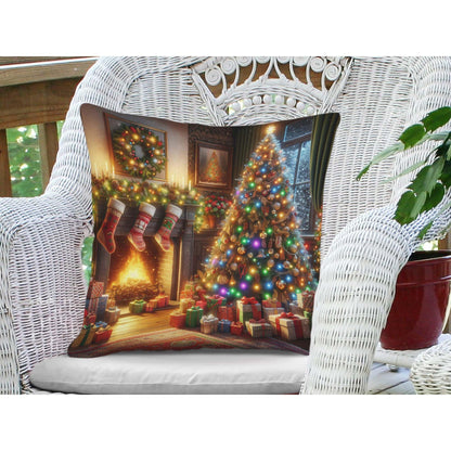 Throw Pillow Cover 20x20 Inch,Christmas Living Room Christmas Tree Adorned Lights Ornaments Stockings Hang Above Fireplace Throw Pillow Case,Home Decor Cushion Covers for Sofa Living Room Couch Bed