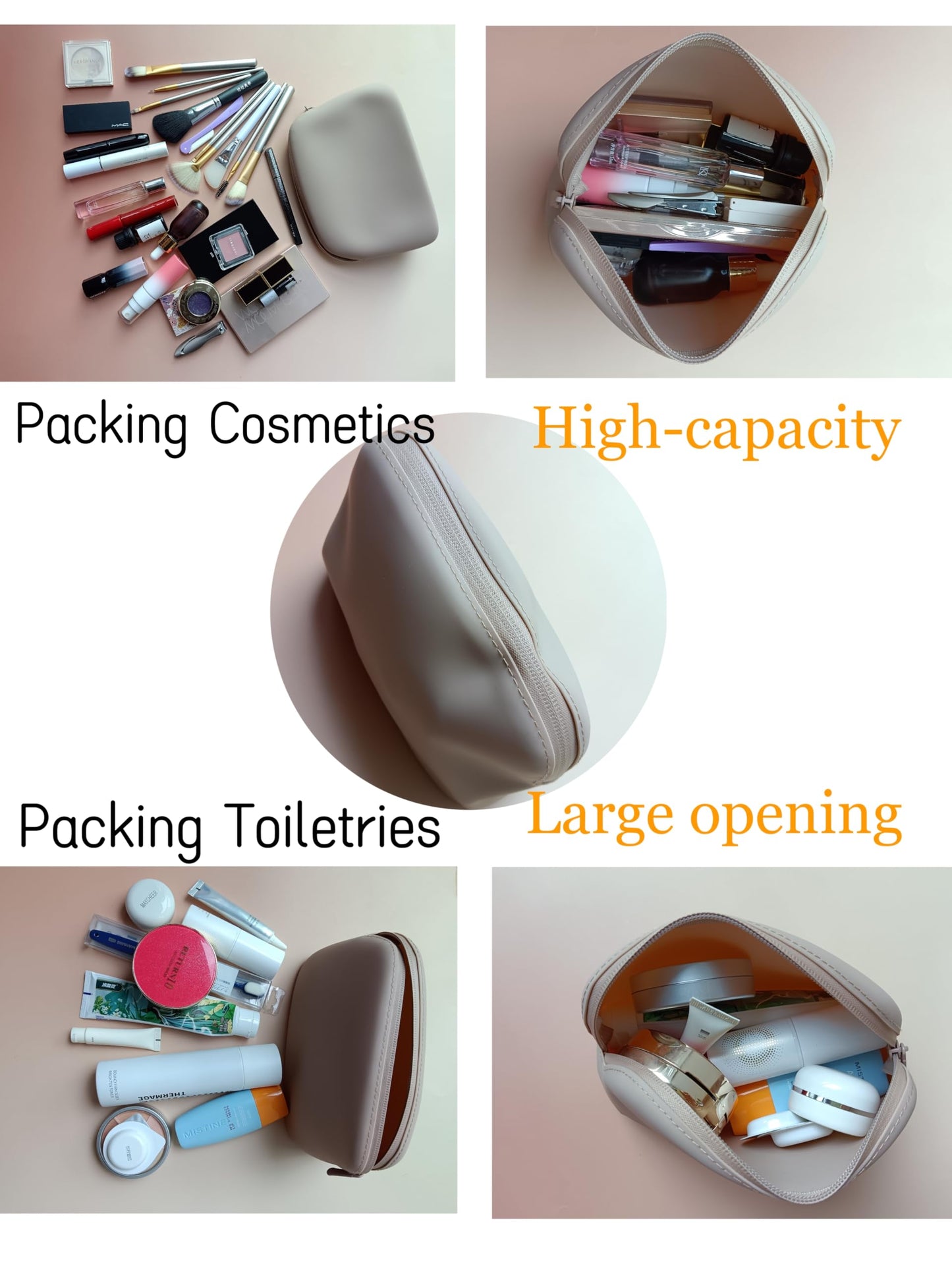 Gudahower Foldable Silicone Makeup Bag Large Capacity and Lightweight Toiletry Bag for Travel Waterproof Cosmetic Bag with Zipper for Women Girls (Khaki)