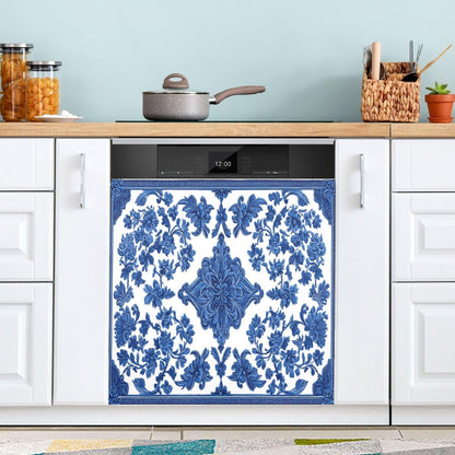 Blue White Porcelain Dishwasher Stickers Magnetic Cover Floral Leaves Kitchen Fridge Magnet Covers Decals Home Decorations Vinyl Sticker Reusable 23W x 26H inches