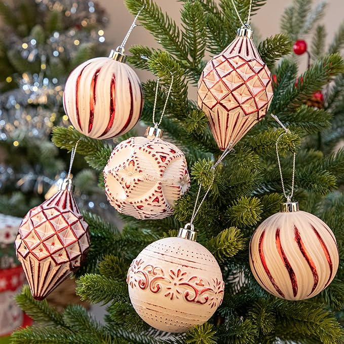 16PCS Shatterproof Christmas Ball Ornaments Set, Hand-Painted Holiday Decor with Assorted Sizes & Designs for Christmas Tree Thanksgiving Party Decoration, Red-White