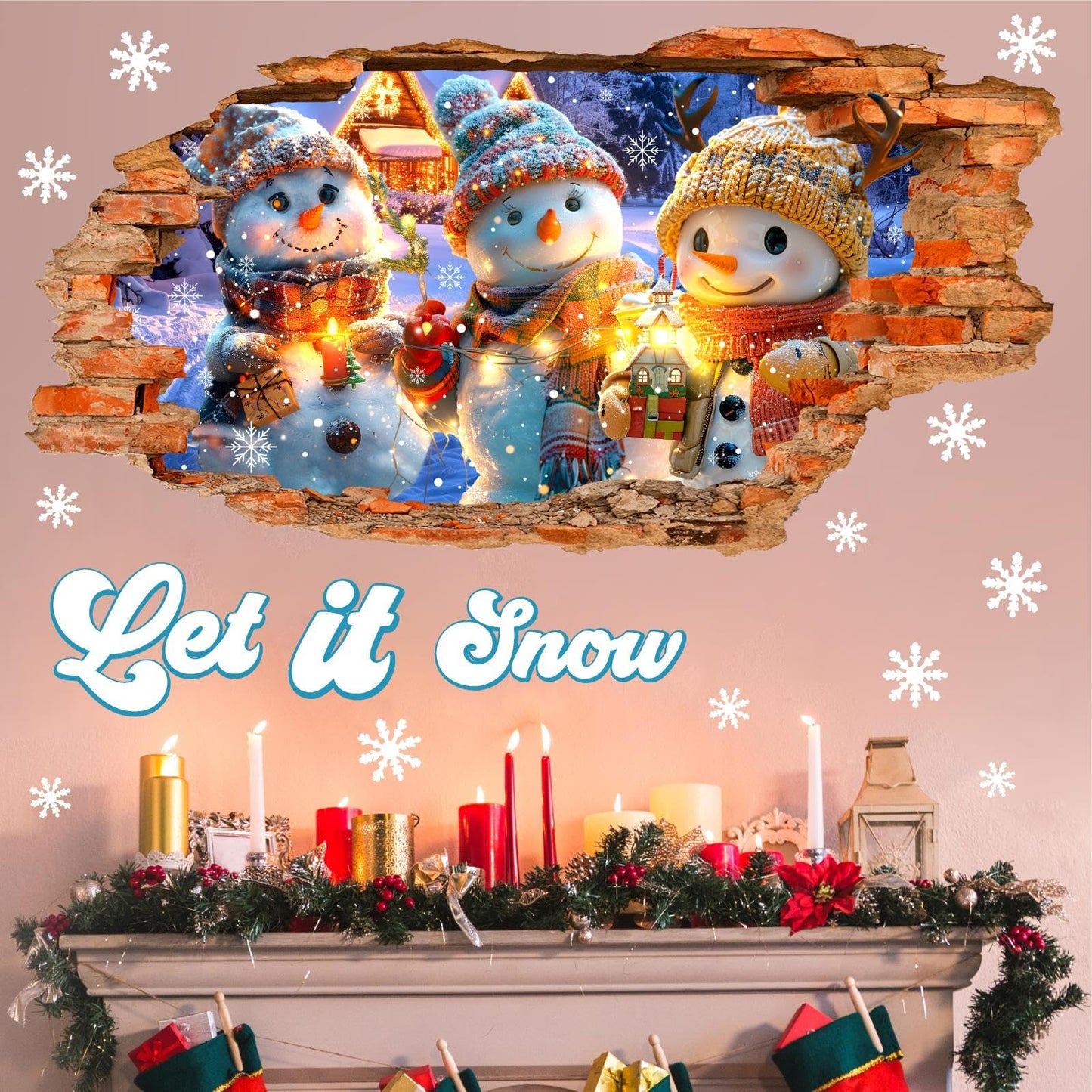 Christmas Wall Decals Cartoon Snowman Stickers Xmas Indoor Decoration Winter Holiday Broken Wall Decal Peel and Stick Merry Christmas Sticker Art Mural for 2026 New Year Living Room Party Supplies