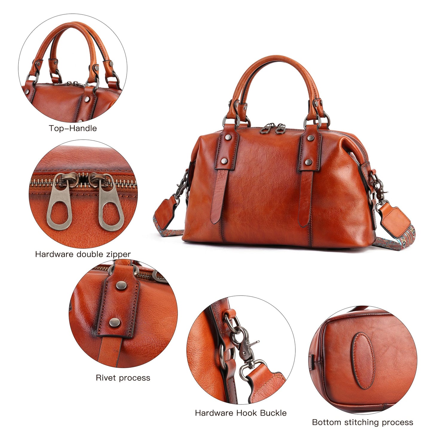 Genuine Leather Women's Handbags Travel Purses Top Handle Barrel Satchel Shoulder Hand Bags leather crossbody bags for Women Retro Tote Bag Brown