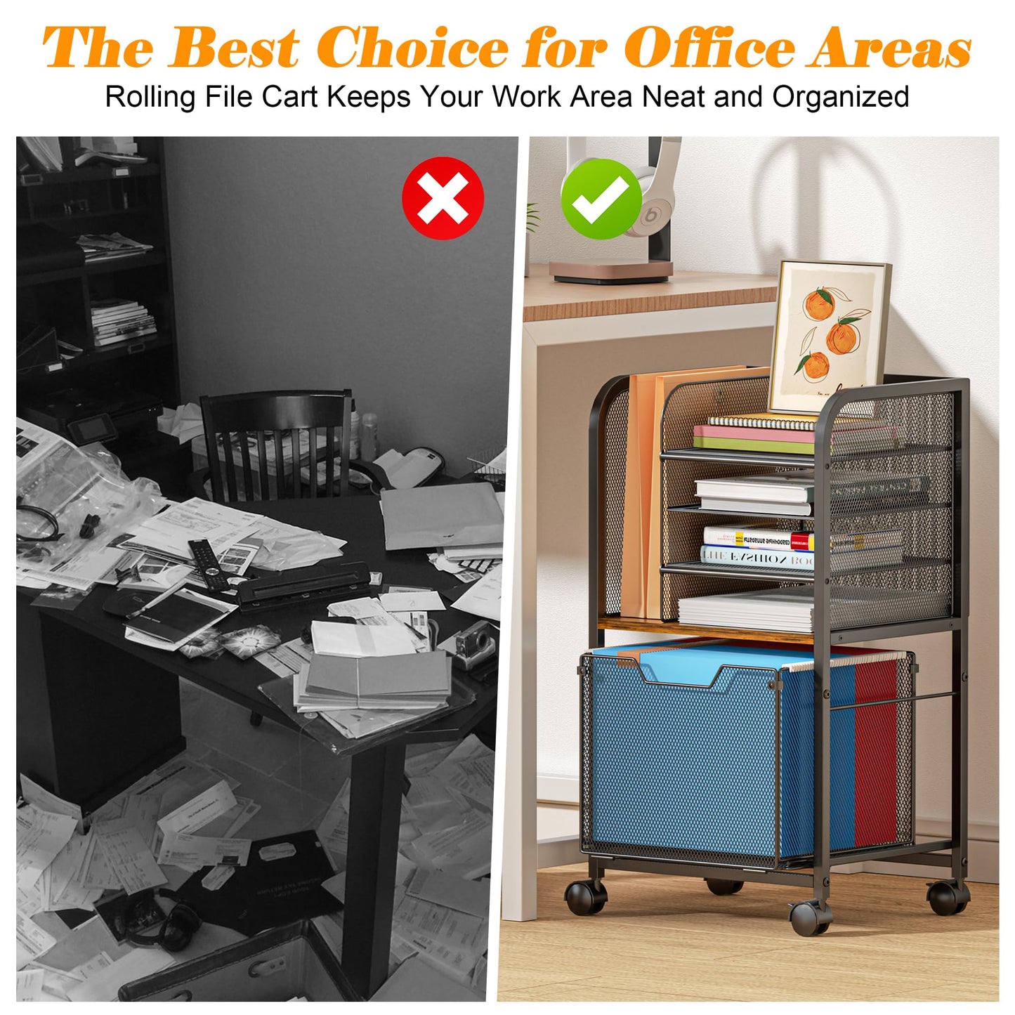 5-Tier Rolling File Cart Under Desk with Drawers, File Cabinet Organizer for Hanging File Folders, Letter-Size File Storage with Wheels, Multi-Layer Mobile Filing Cabinet for Under Desk Storage