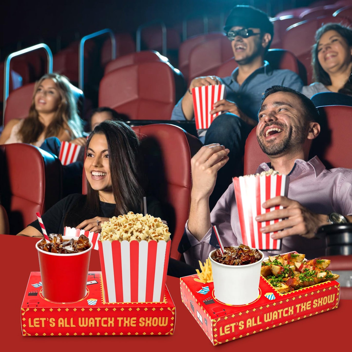 Bekith 50Pcs Movie Night Snack Trays Hold Popcorn Candy Food Drink, Disposable Paper Snack Boxes Movie Night Party Favors, Movie Night Supplies for Movie Theater Family Birthday Party, Red