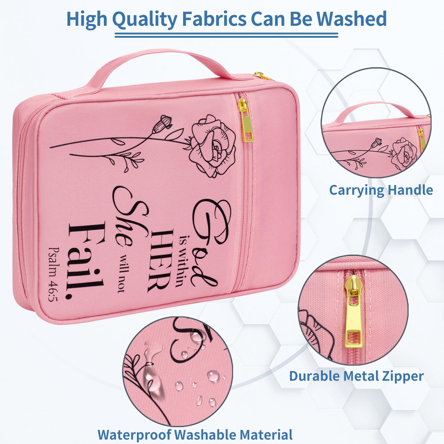 Bible Cover for Women, Bible Holder, Bible Study Supplies Accessories Bible Cover Carrier Carrying Organizer Bag, Zipper and Pockets for Standard Size Bible, Gift for Women（pinksuit）