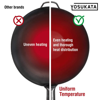 YOSUKATA 13.5" Carbon Steel Wok Pan – Pre-Seasoned Flat Bottom Pow Wok for Stir Fry, BBQ, Grill & Camping – Traditional Japanese Chinese Cookware – Compatible with Induction, Electric, Gas, Open Fire