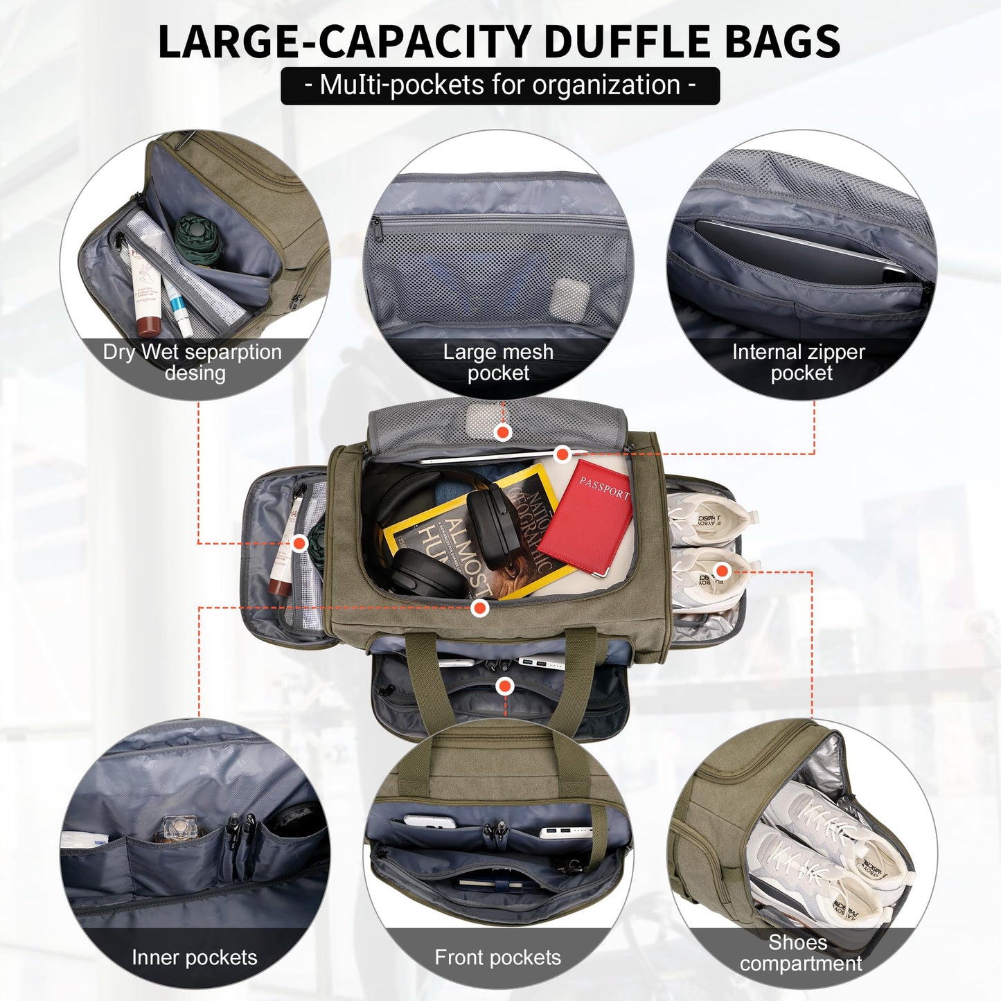 WITZMAN Canvas Duffel Bags for Men Traveling 3 in 1 Backpack Carry-on 40L Weekender Overnight Bag with Shoe Compartment(A8006/2 Army Green)