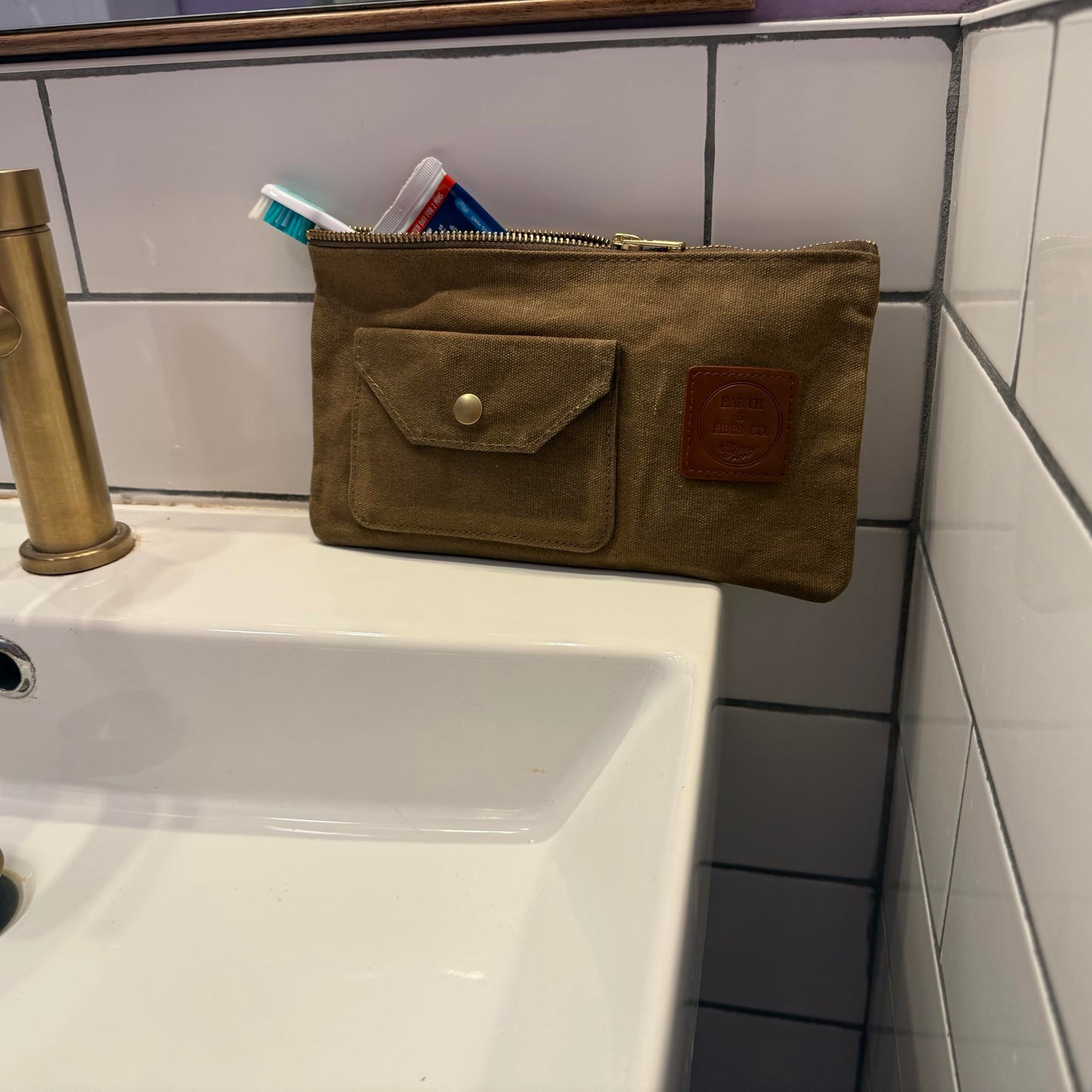 Earth & Fiber Co. Waxed Canvas Toiletry Bag, Compact Slim Design for Traveling, Brown