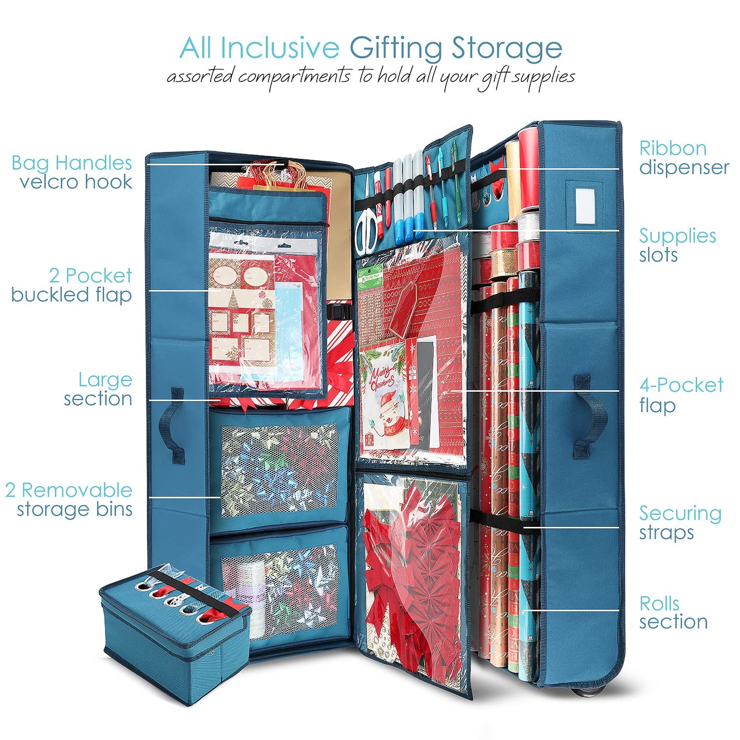 Hearth & Harbor Wrapping Paper Storage Container with Ribbon Dispenser and Interior Pockets - Large Christmas Storage Containers with Wheels, Fits 30 Rolls of 40" Length, Blue