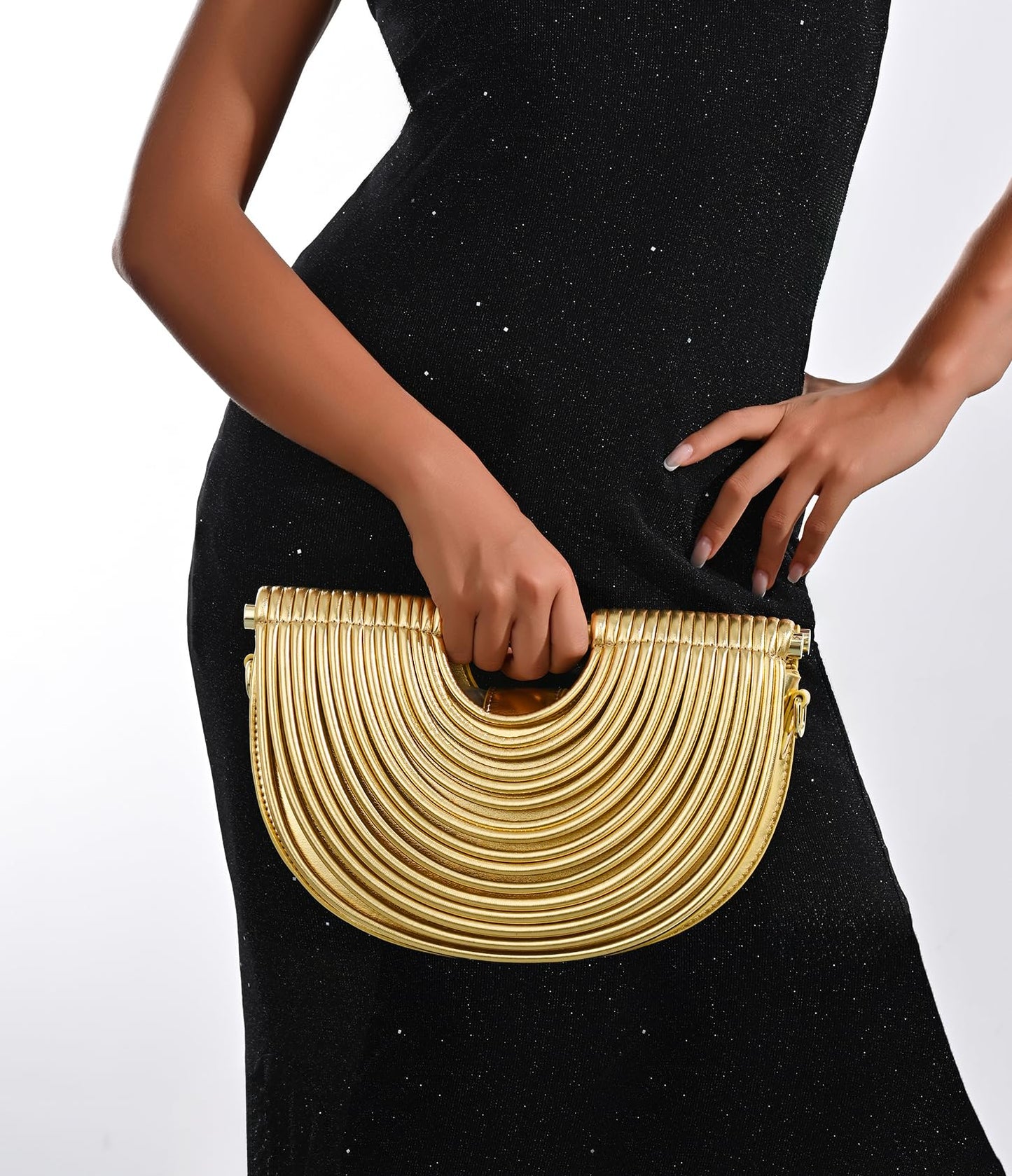 Ophlid Half-Moon Clutch Purse for Women Wedding Woven Evening Shoulder Bag Top Handle Gold Party Prom Handbag Gold