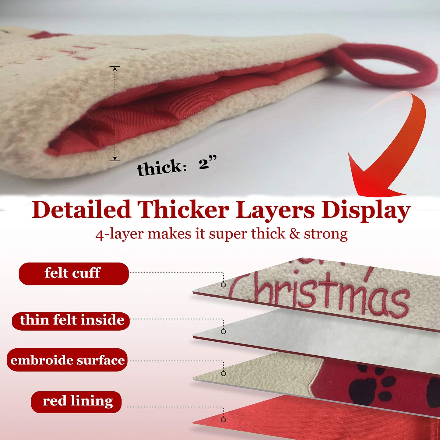 WEWILL 18’’ Cat Felt Christmas Stockings Paws Embroidered for Pets Kitty Red Xmas Stocking Gift Bag Cuff Lovely Home Holiday Decoration