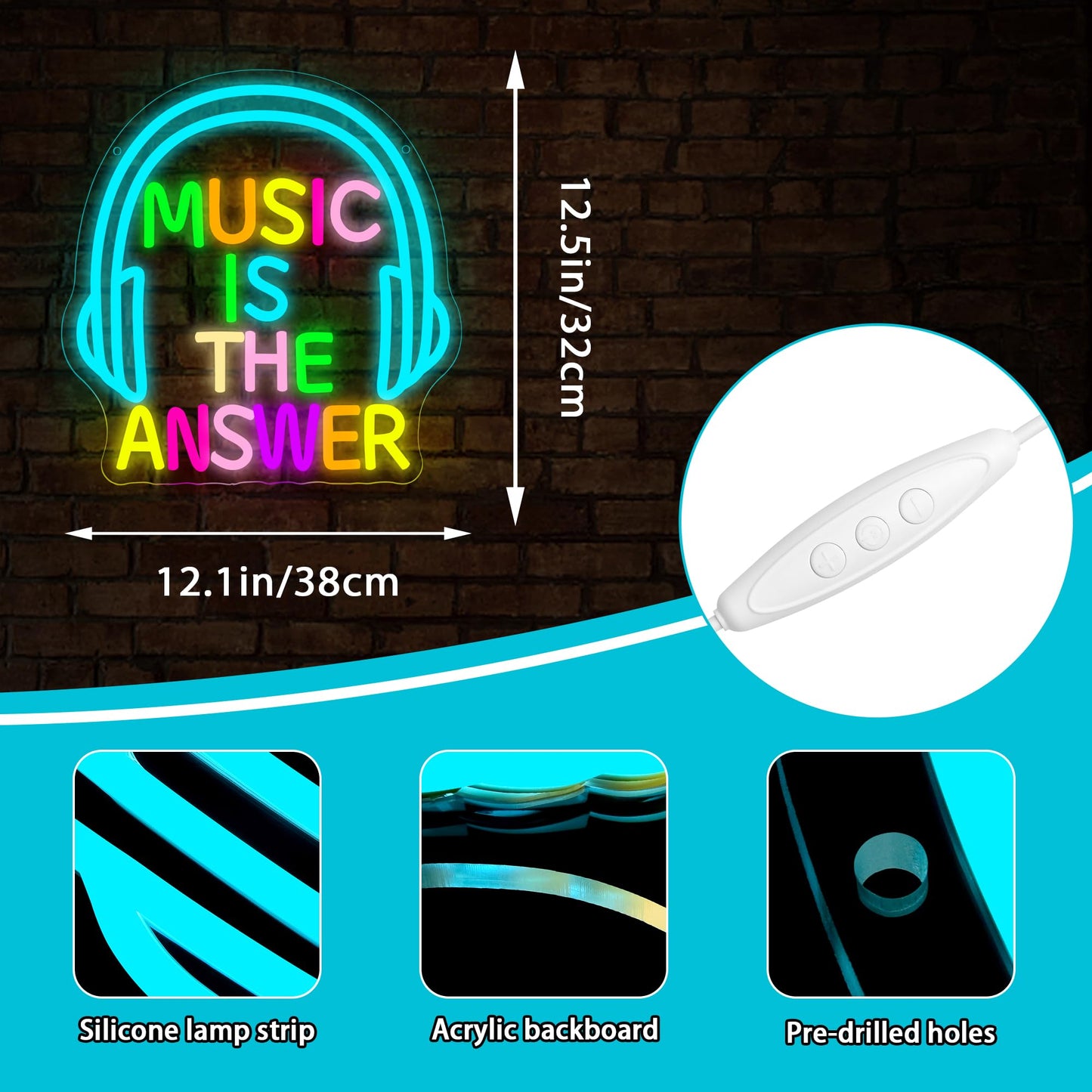 Music Neon Sign for Wall Decor Music Is The Answer LED Neon Light for Studio Dimmable Bar LED Sign for Livehouse Bar Party Bedroom Rock And Roll LED Light Birthday Gifts Size 12.5 * 12.1In(TWP304)