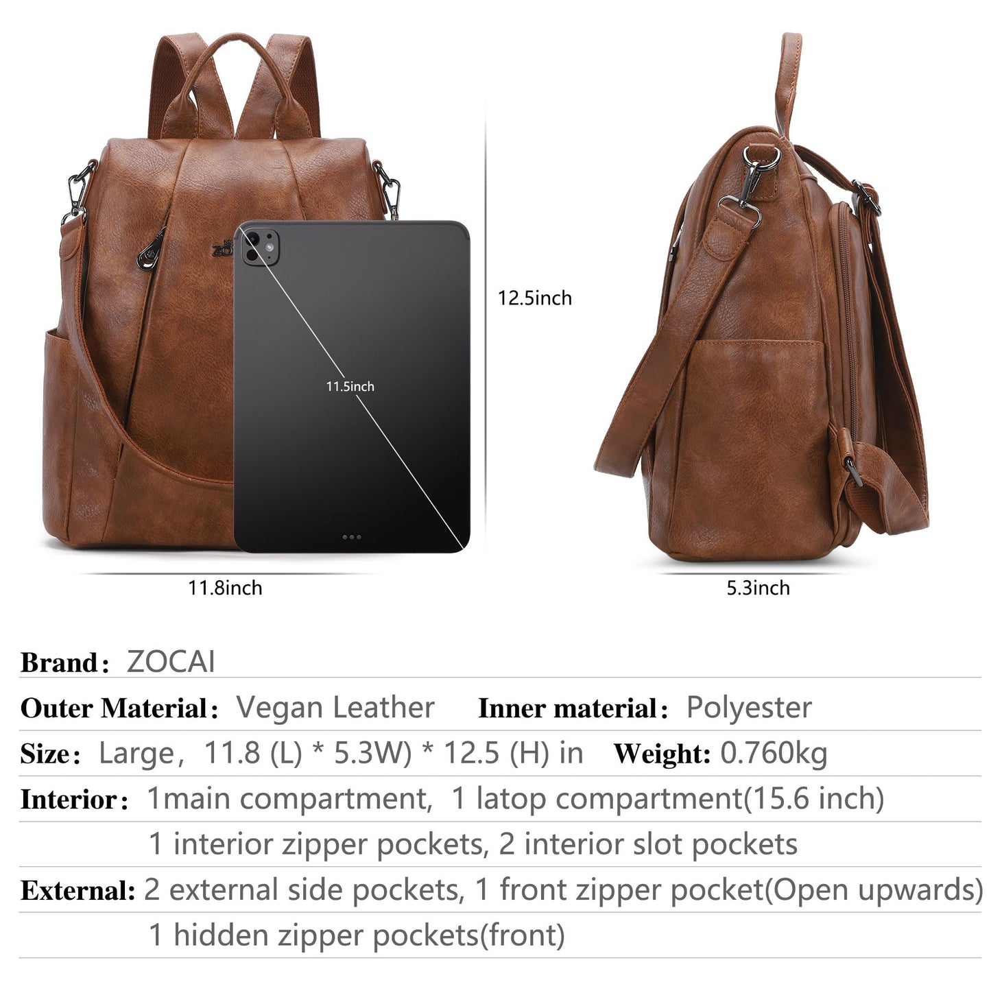 ZOCAI Backpack Purse for Women Medium Anti-Theft Backpacks Purses Design Leather Shoulder Bags with Removable Strap