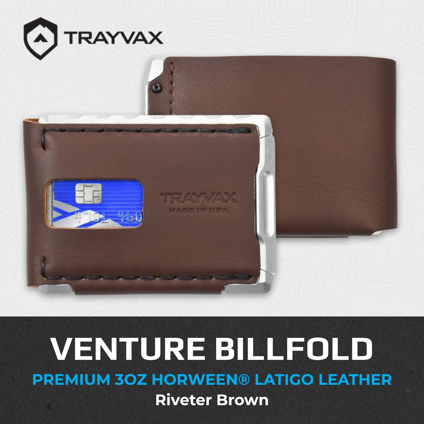 Trayvax Venture Billfold Wallet, Front Pocket Money and Credit Card Holder, Minimalist Slim Leather Metal Wallet for Men and Women, Frontier Brown Leather
