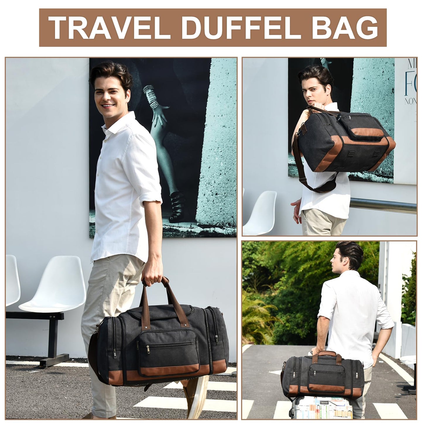 Litvyak Duffle Bag for Travel, 50L Canvas Travel Duffel Bags Overnight Weekend Gym Carry On Luggage Bag for Men & Women(Black+Toiletry Bag)