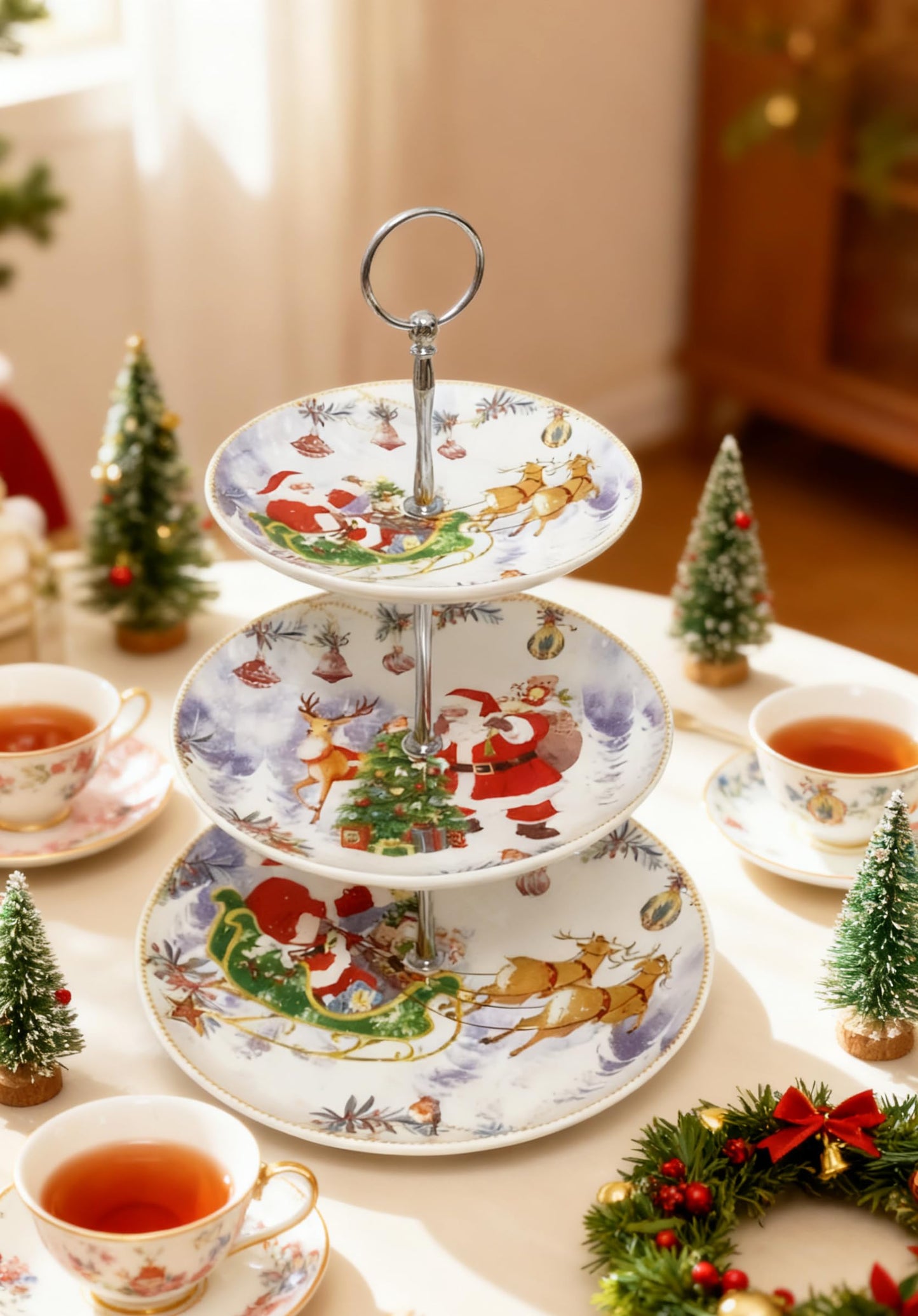 3-Tier Round Porcelain XMAS Cake Fruit Stand Plates with Gift Box, Cupcakes Serving Display Set, Christmas White Pastry Tray Towers Platter for Desserts Appetizer Candy Buffet for Wedding & Home Party