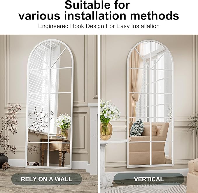Mirror Full Length, 65"x22" Arched Window Pane Mirrors for Wall Decor, White Full Body or Wall Mounted Mirrors, Farmhouse Standing Mirror Hanging or Leaning for Living Room, Entryway, No Stand